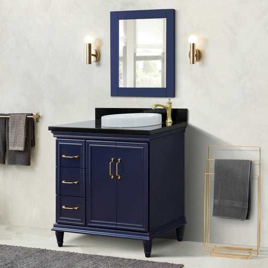 37" Single vanity in Blue finish with Black galaxy and round sink Right door/Right sink