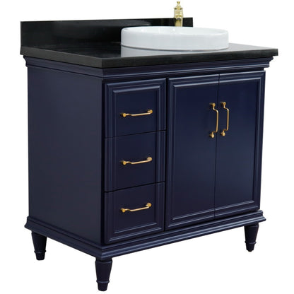 37" Single vanity in Blue finish with Black galaxy and round sink Right door/Right sink