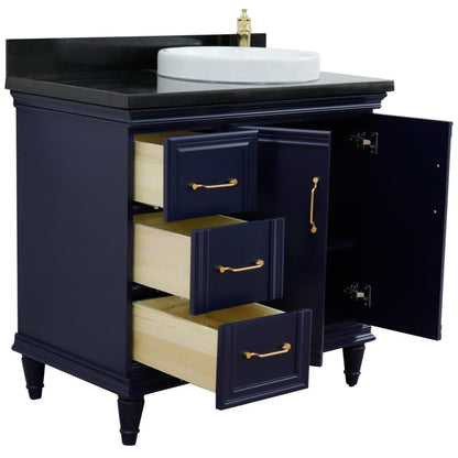 37" Single vanity in Blue finish with Black galaxy and round sink Right door/Right sink