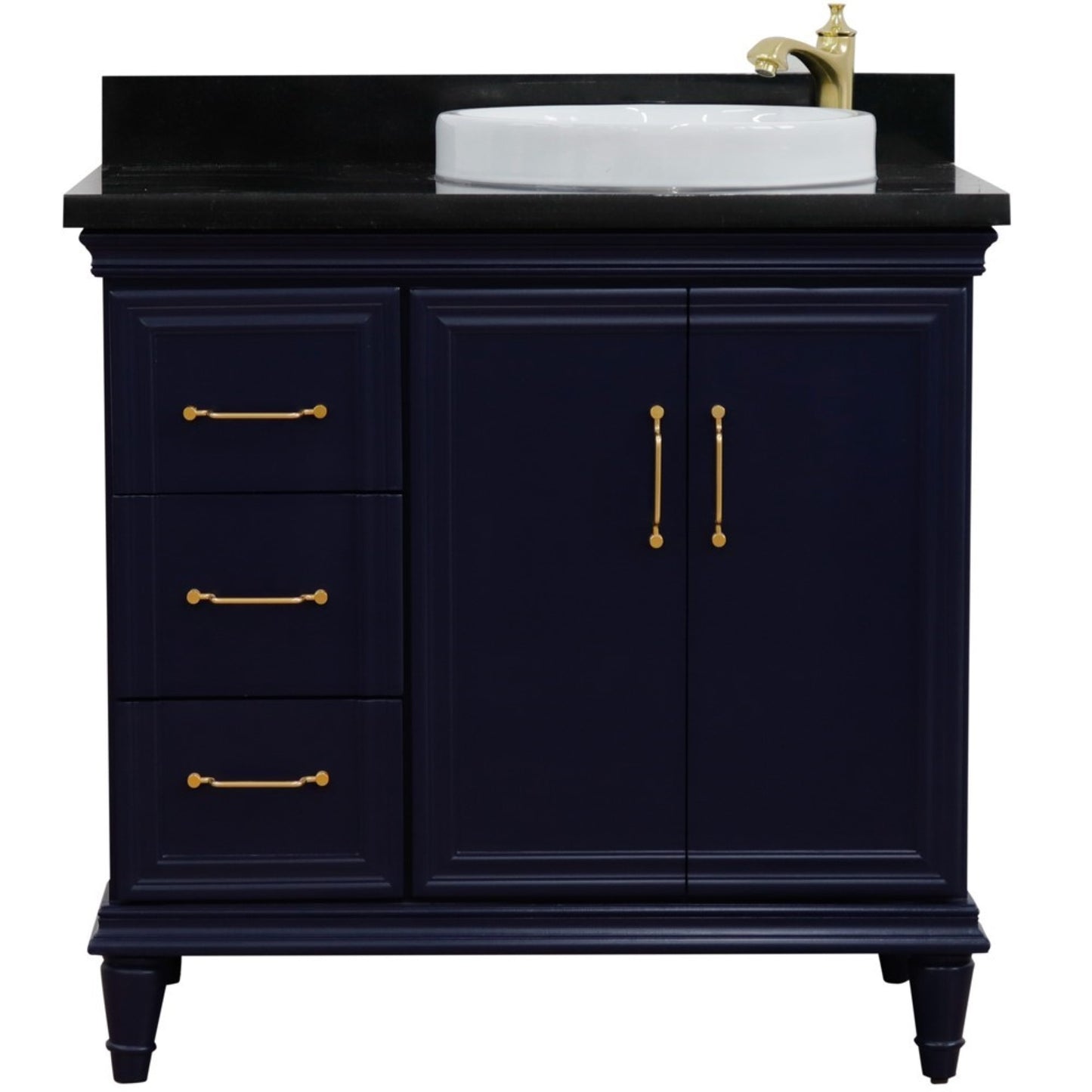 37" Single vanity in Blue finish with Black galaxy and round sink Right door/Right sink