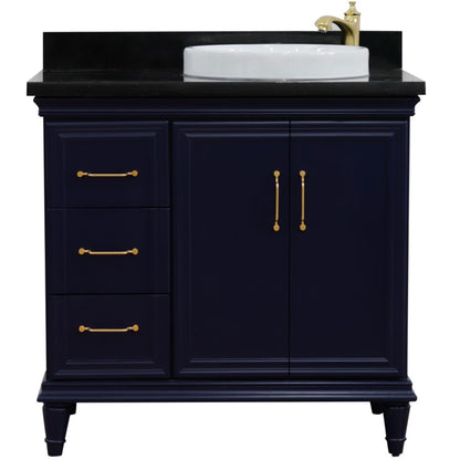 37" Single vanity in Blue finish with Black galaxy and round sink Right door/Right sink
