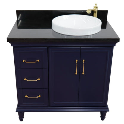 37" Single vanity in Blue finish with Black galaxy and round sink Right door/Right sink
