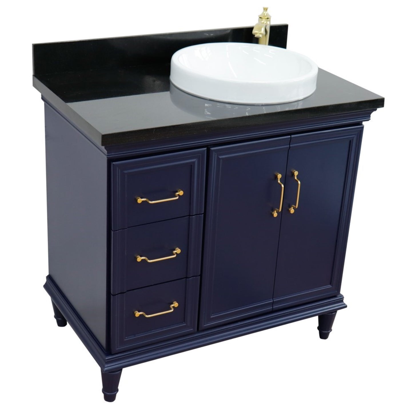 37" Single vanity in Blue finish with Black galaxy and round sink Right door/Right sink