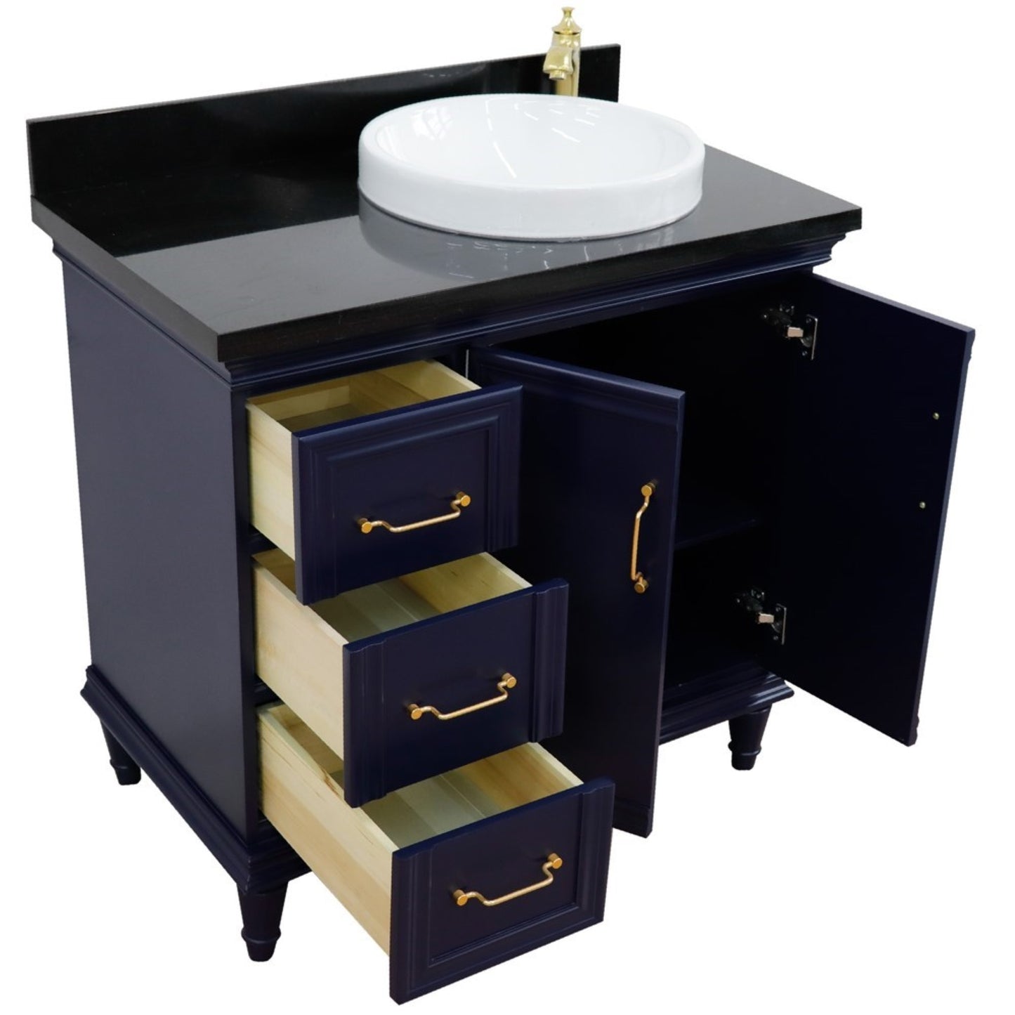 37" Single vanity in Blue finish with Black galaxy and round sink Right door/Right sink