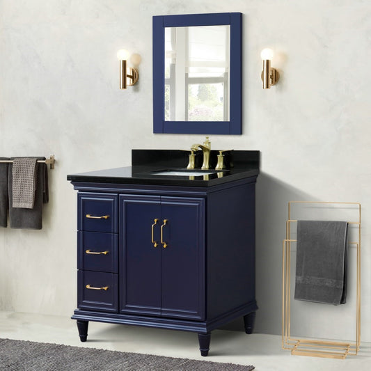 37" Single vanity in Blue finish with Black galaxy and rectangle sink Right door/Right sink