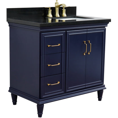 37" Single vanity in Blue finish with Black galaxy and rectangle sink Right door/Right sink