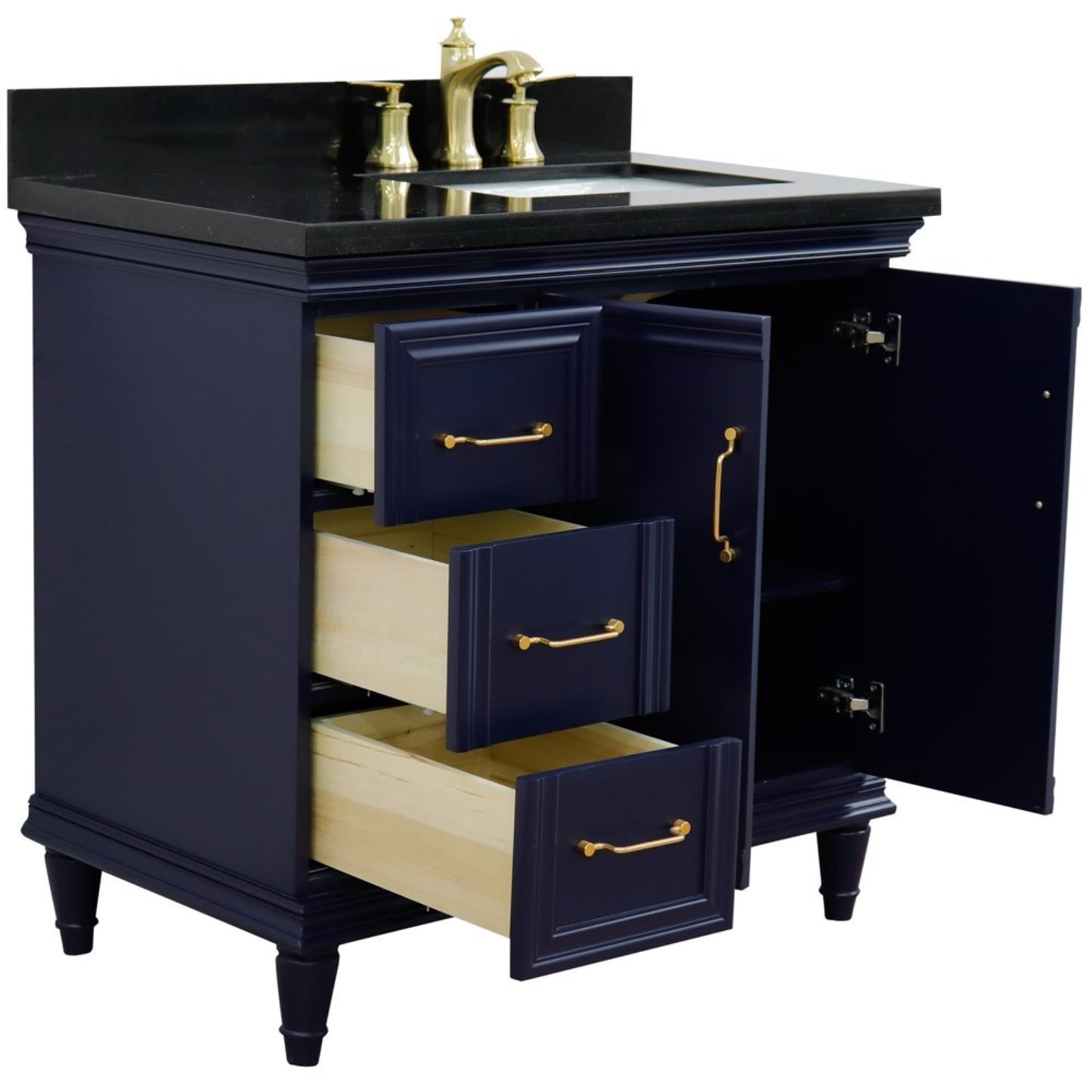 37" Single vanity in Blue finish with Black galaxy and rectangle sink Right door/Right sink