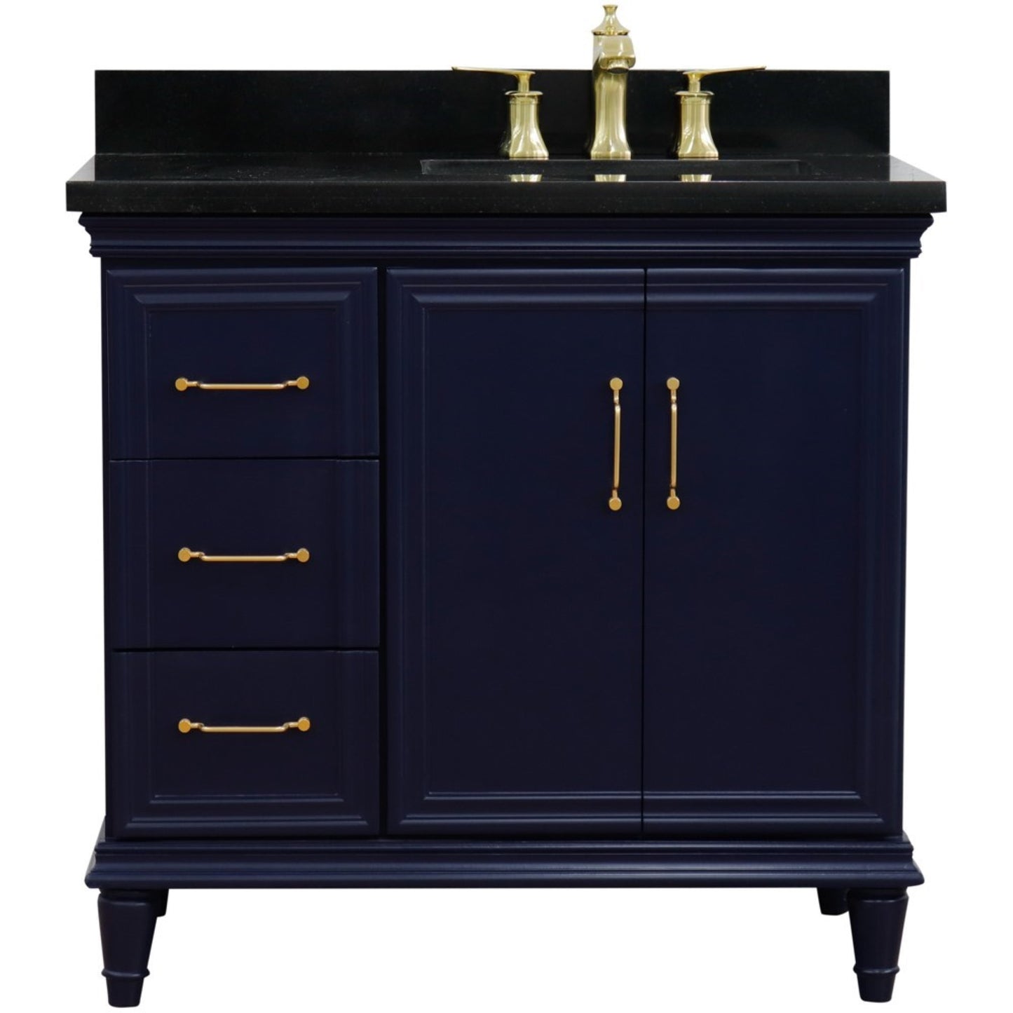 37" Single vanity in Blue finish with Black galaxy and rectangle sink Right door/Right sink