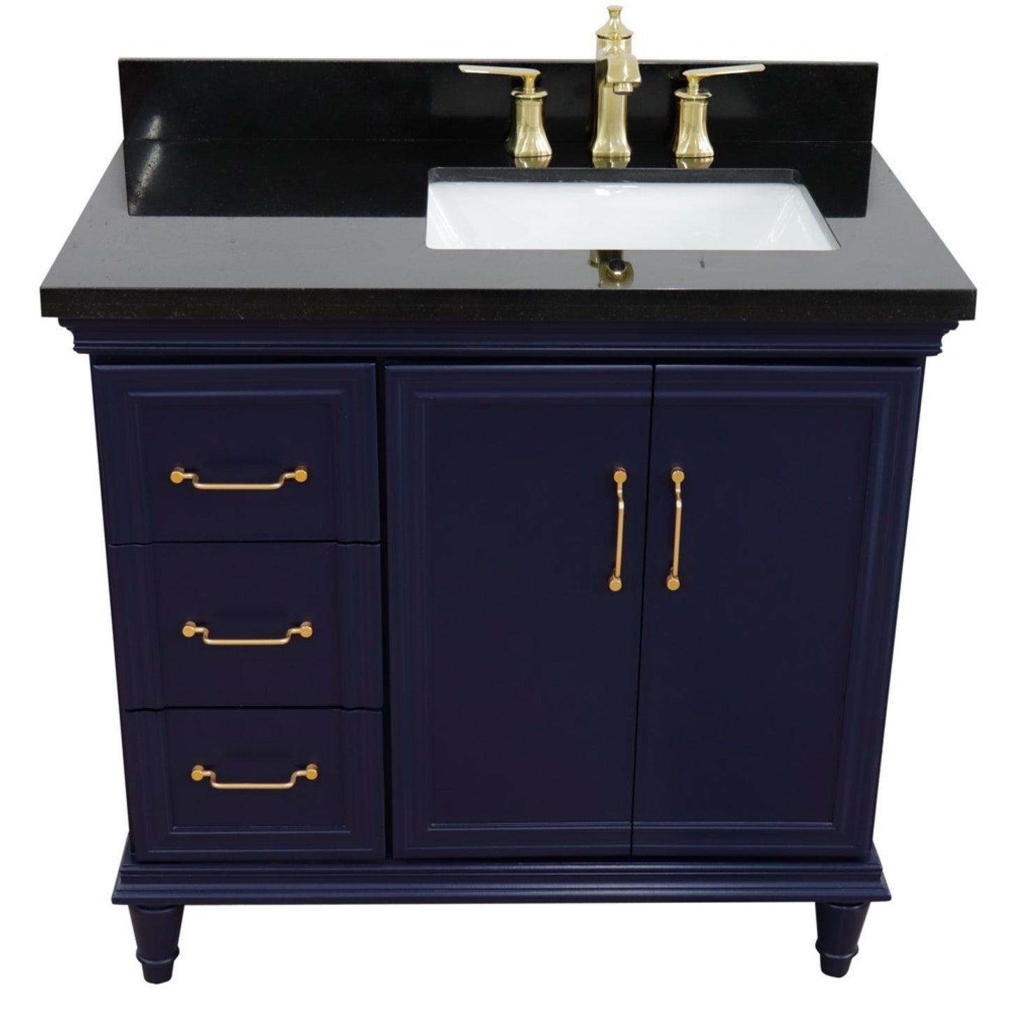 37" Single vanity in Blue finish with Black galaxy and rectangle sink Right door/Right sink