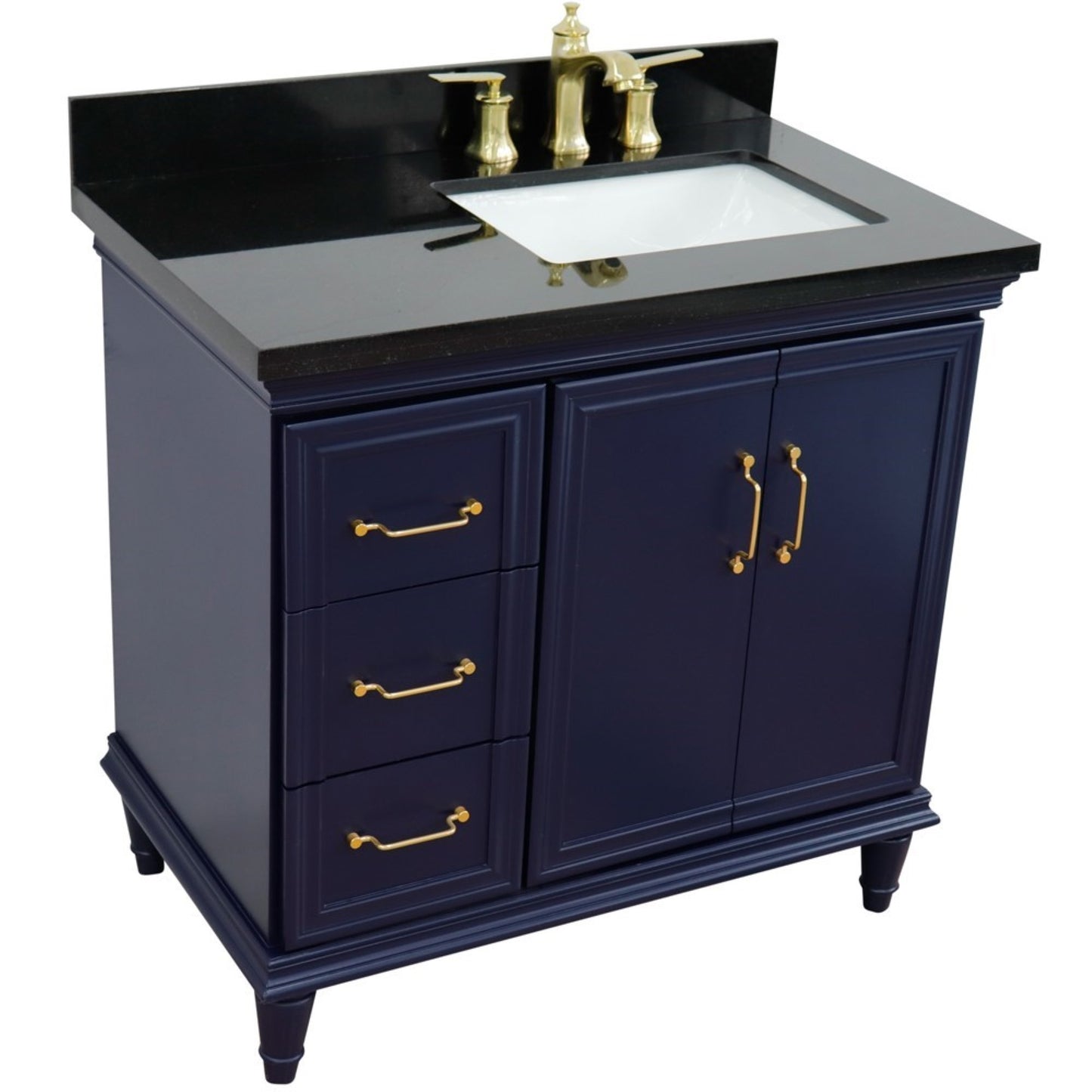 37" Single vanity in Blue finish with Black galaxy and rectangle sink Right door/Right sink