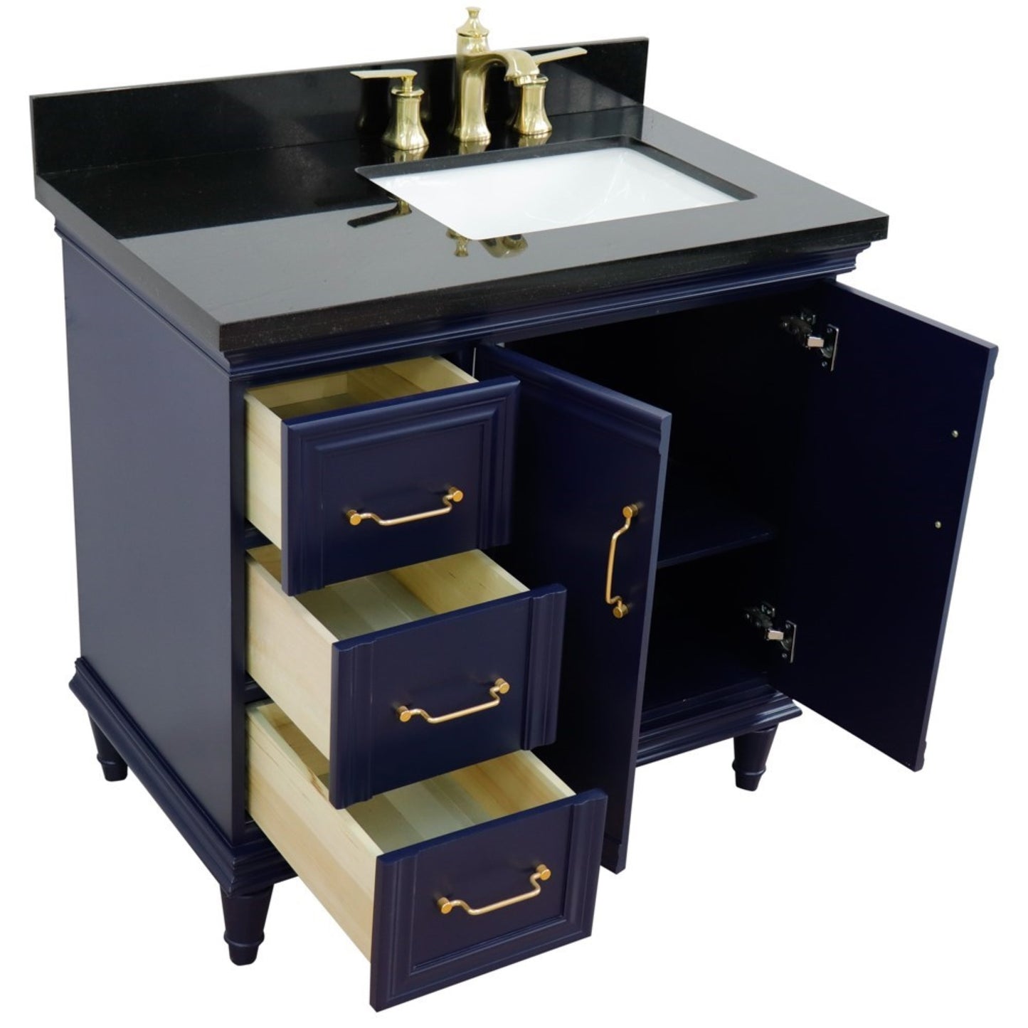 37" Single vanity in Blue finish with Black galaxy and rectangle sink Right door/Right sink