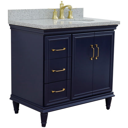 37" Single vanity in Blue finish with Gray granite and oval sink Right door/Right sink