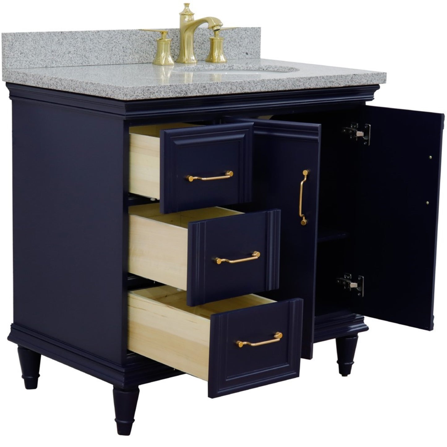 37" Single vanity in Blue finish with Gray granite and oval sink Right door/Right sink