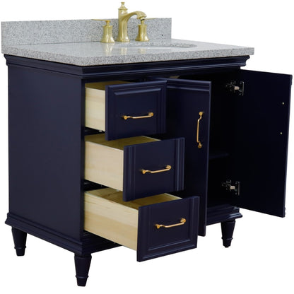 37" Single vanity in Blue finish with Gray granite and oval sink Right door/Right sink