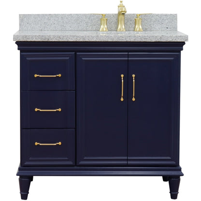 37" Single vanity in Blue finish with Gray granite and oval sink Right door/Right sink