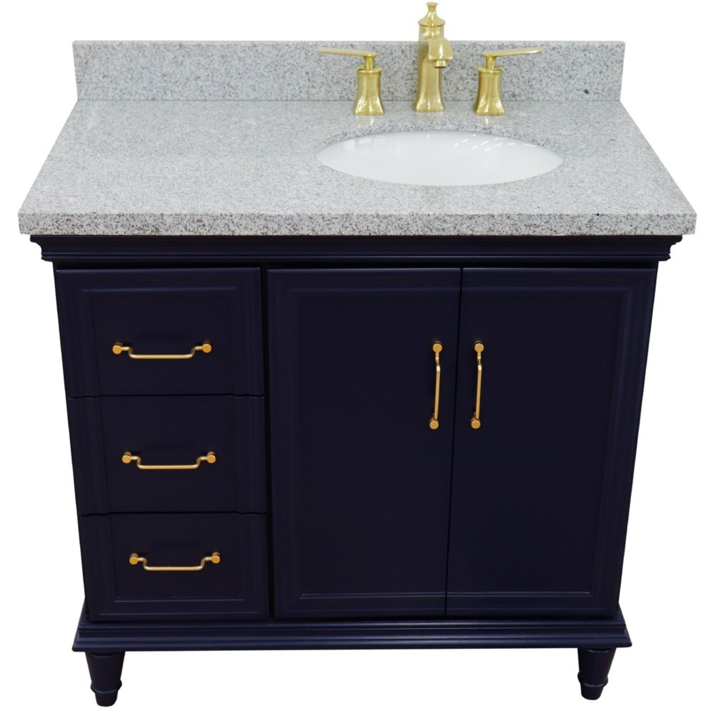 37" Single vanity in Blue finish with Gray granite and oval sink Right door/Right sink