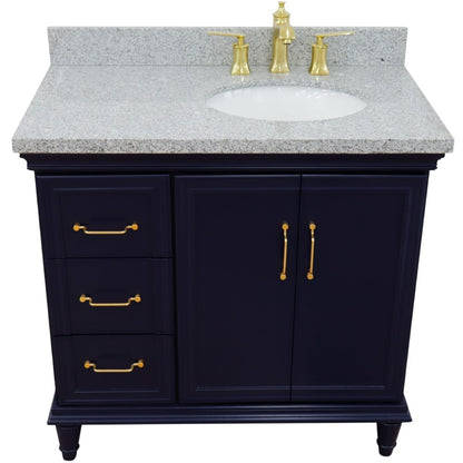 37" Single vanity in Blue finish with Gray granite and oval sink Right door/Right sink