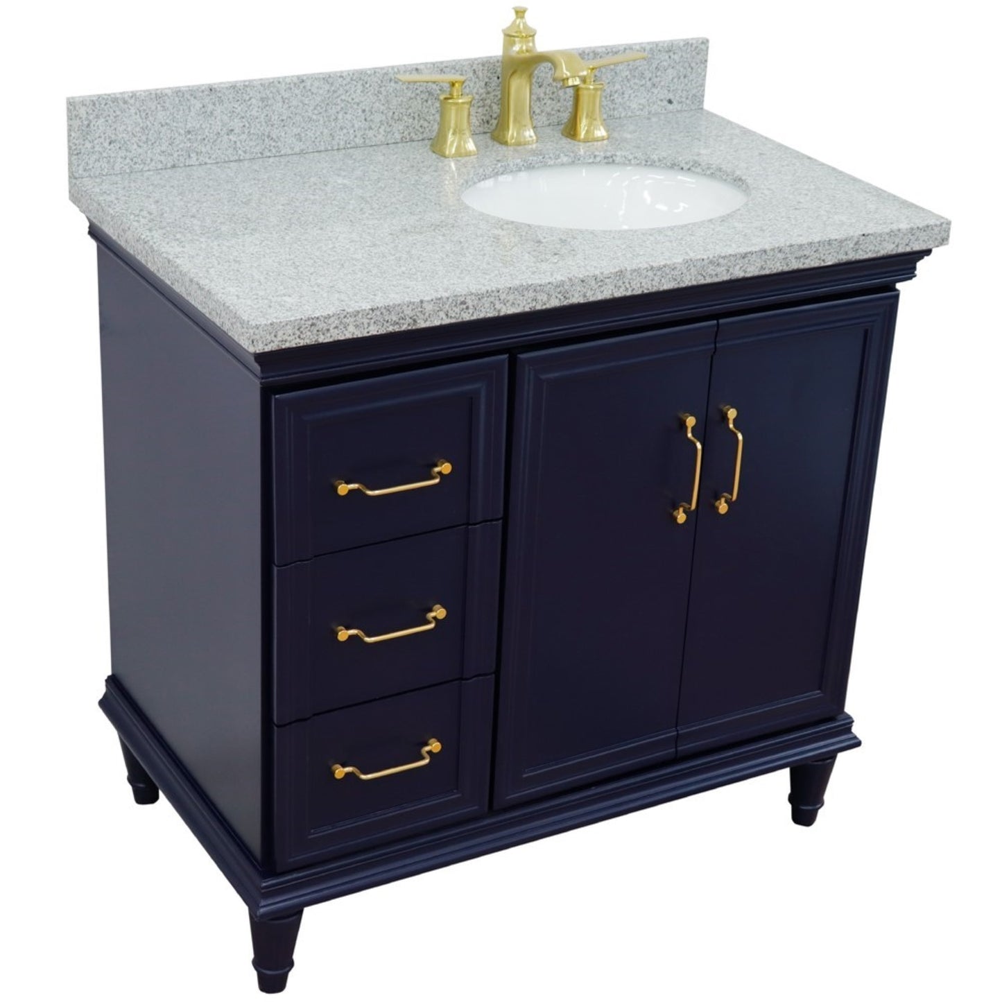 37" Single vanity in Blue finish with Gray granite and oval sink Right door/Right sink