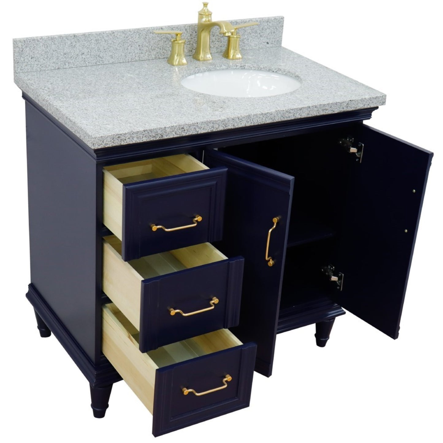 37" Single vanity in Blue finish with Gray granite and oval sink Right door/Right sink