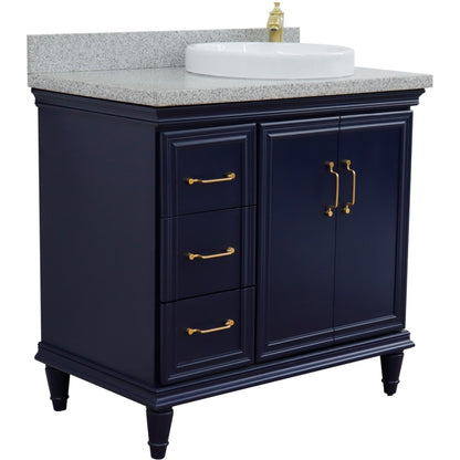 37" Single vanity in Blue finish with Gray granite and round sink Right door/Right sink