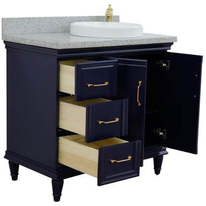 37" Single vanity in Blue finish with Gray granite and round sink Right door/Right sink