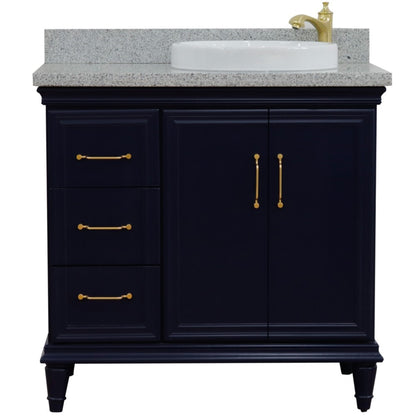 37" Single vanity in Blue finish with Gray granite and round sink Right door/Right sink