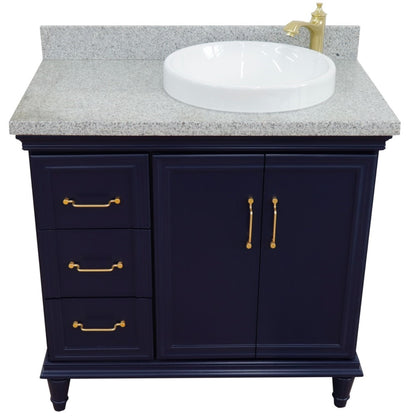 37" Single vanity in Blue finish with Gray granite and round sink Right door/Right sink