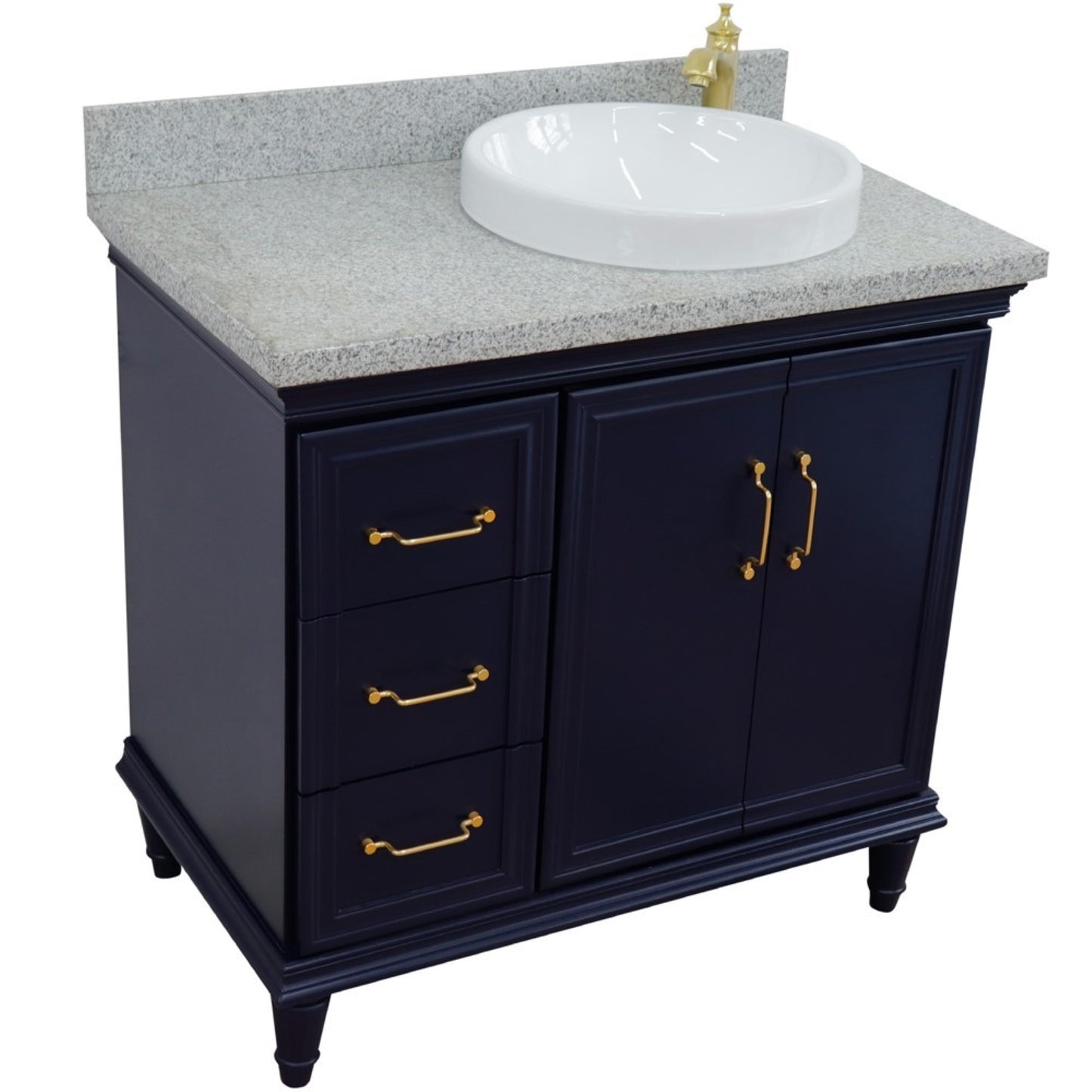37" Single vanity in Blue finish with Gray granite and round sink Right door/Right sink