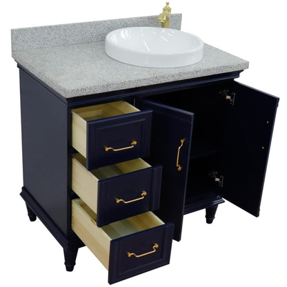 37" Single vanity in Blue finish with Gray granite and round sink Right door/Right sink