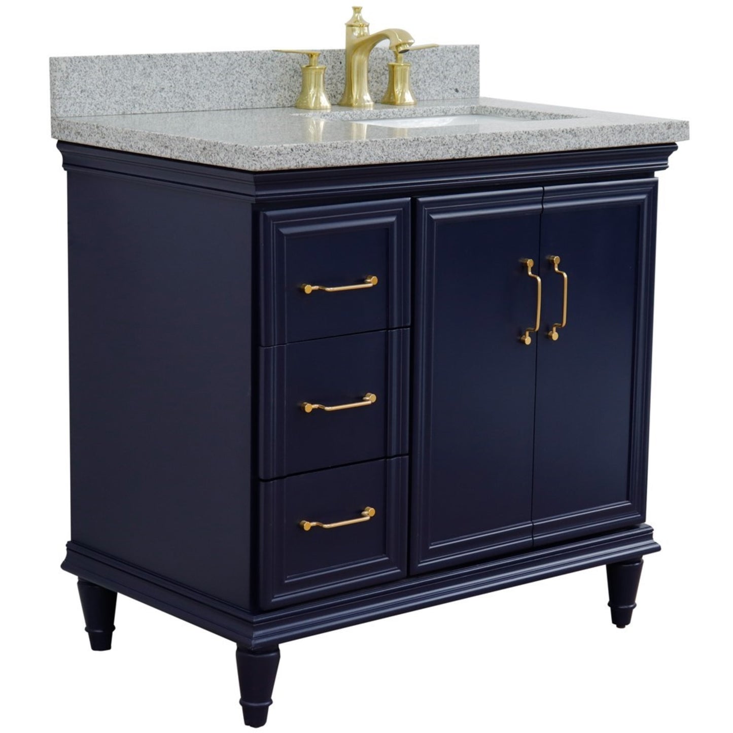 37" Single vanity in Blue finish with Gray granite and rectangle sink Right door/Right sink