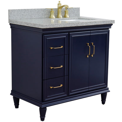 37" Single vanity in Blue finish with Gray granite and rectangle sink Right door/Right sink