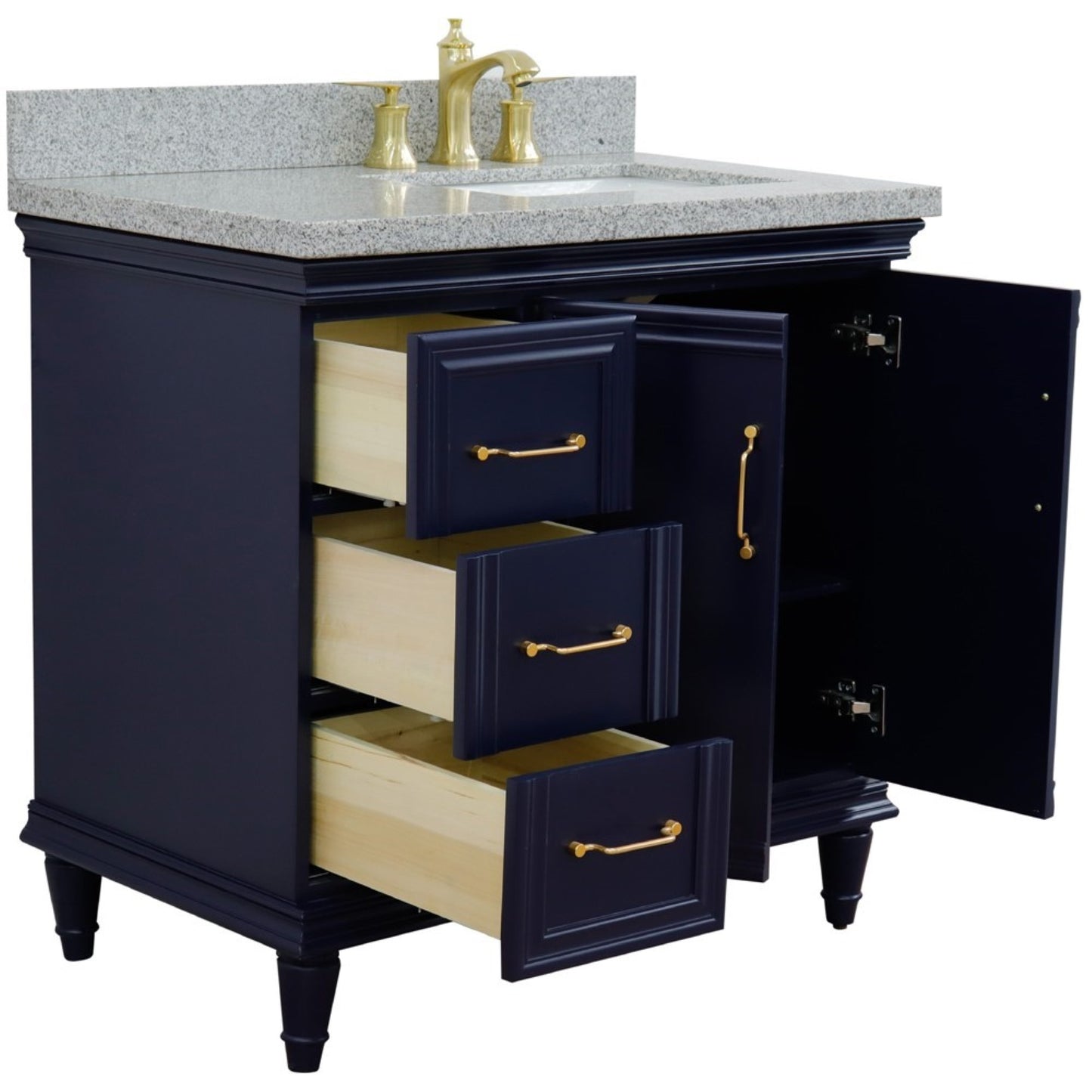 37" Single vanity in Blue finish with Gray granite and rectangle sink Right door/Right sink