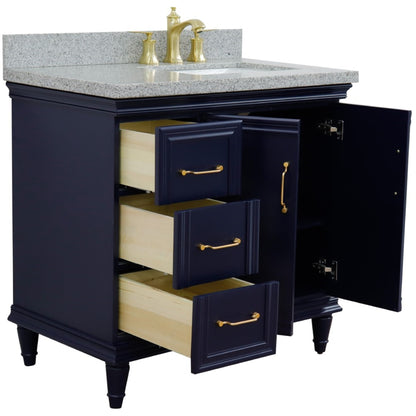 37" Single vanity in Blue finish with Gray granite and rectangle sink Right door/Right sink