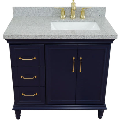 37" Single vanity in Blue finish with Gray granite and rectangle sink Right door/Right sink