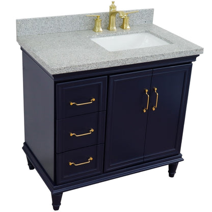 37" Single vanity in Blue finish with Gray granite and rectangle sink Right door/Right sink