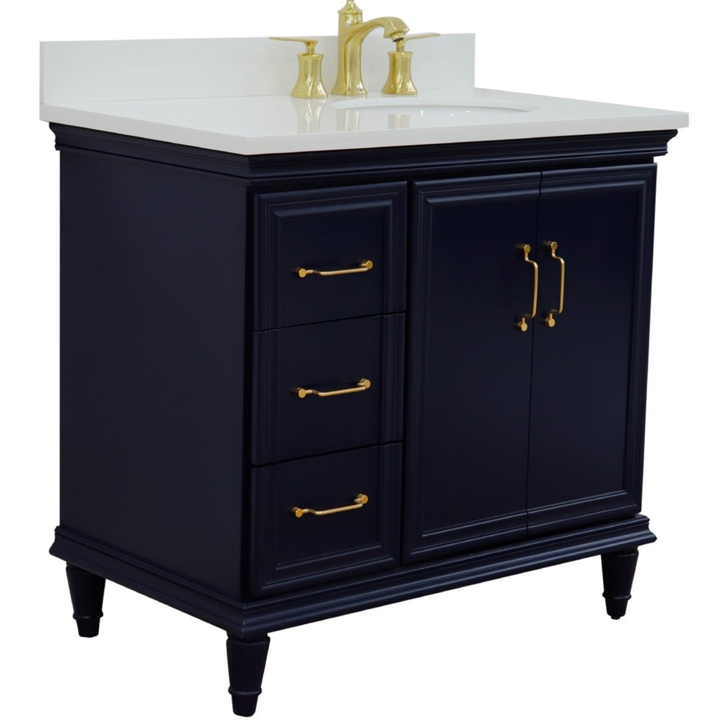 37" Single vanity in Blue finish with White engineered stone and oval sink Right door/Right sink