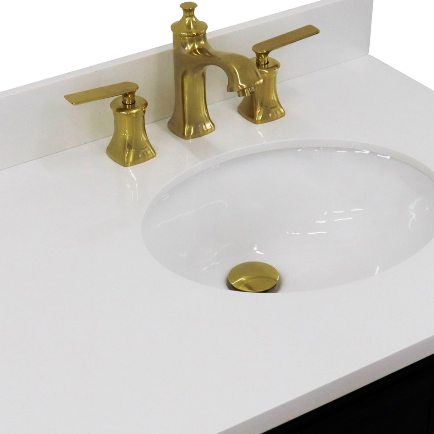 37" Single vanity in Blue finish with White engineered stone and oval sink Right door/Right sink