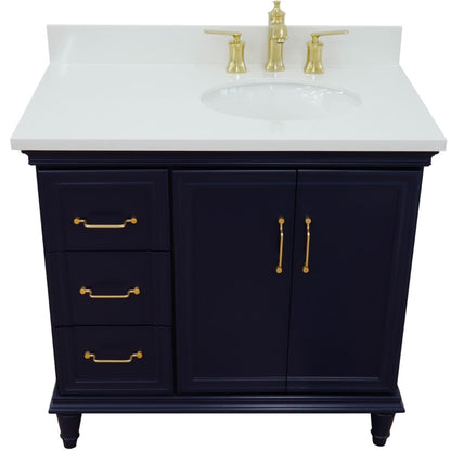 37" Single vanity in Blue finish with White engineered stone and oval sink Right door/Right sink