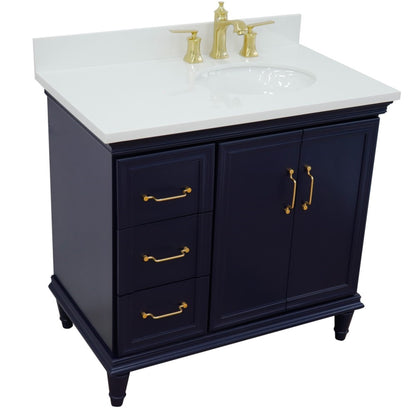 37" Single vanity in Blue finish with White engineered stone and oval sink Right door/Right sink