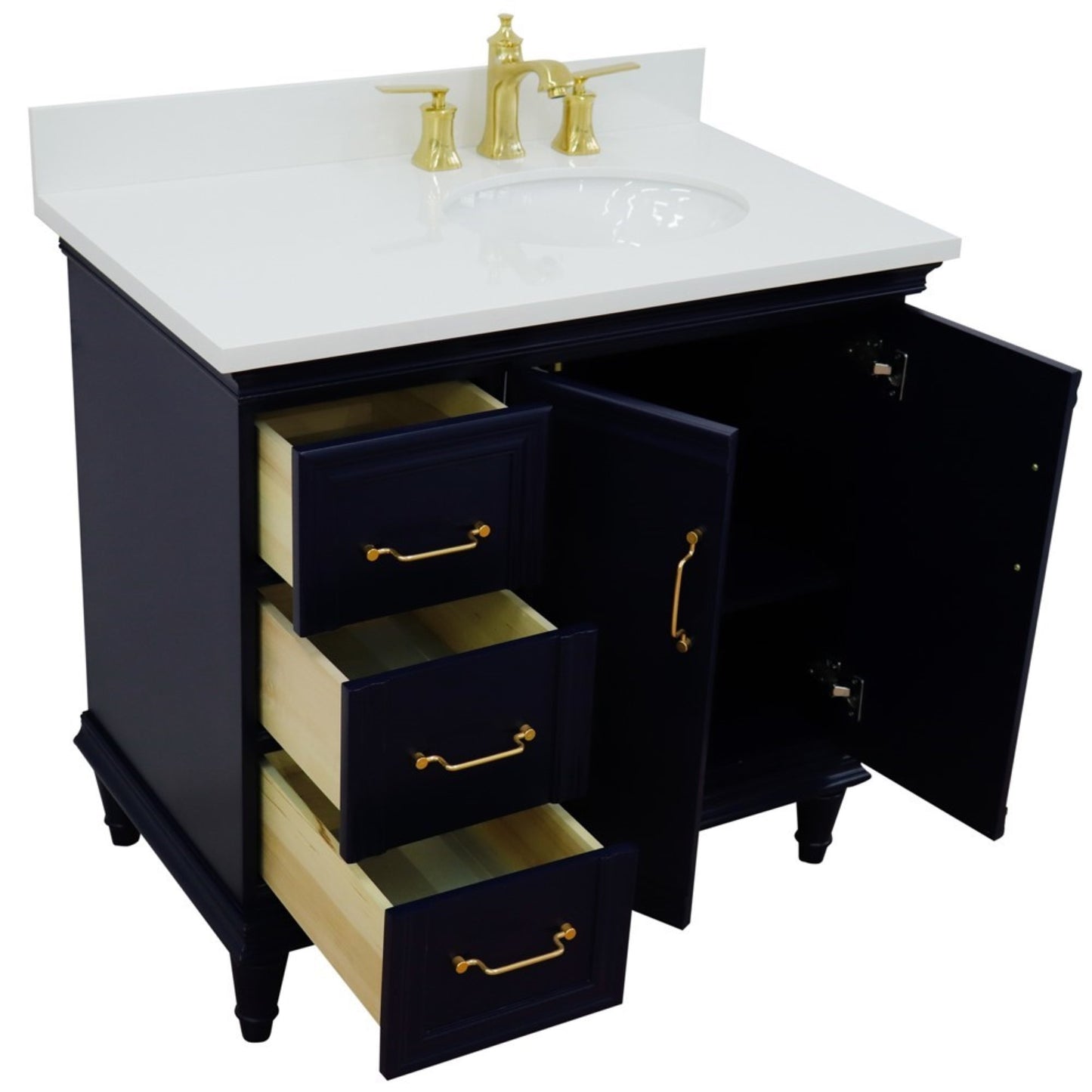 37" Single vanity in Blue finish with White engineered stone and oval sink Right door/Right sink