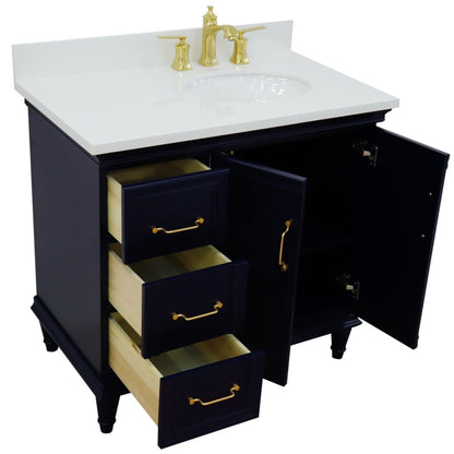 37" Single vanity in Blue finish with White engineered stone and oval sink Right door/Right sink