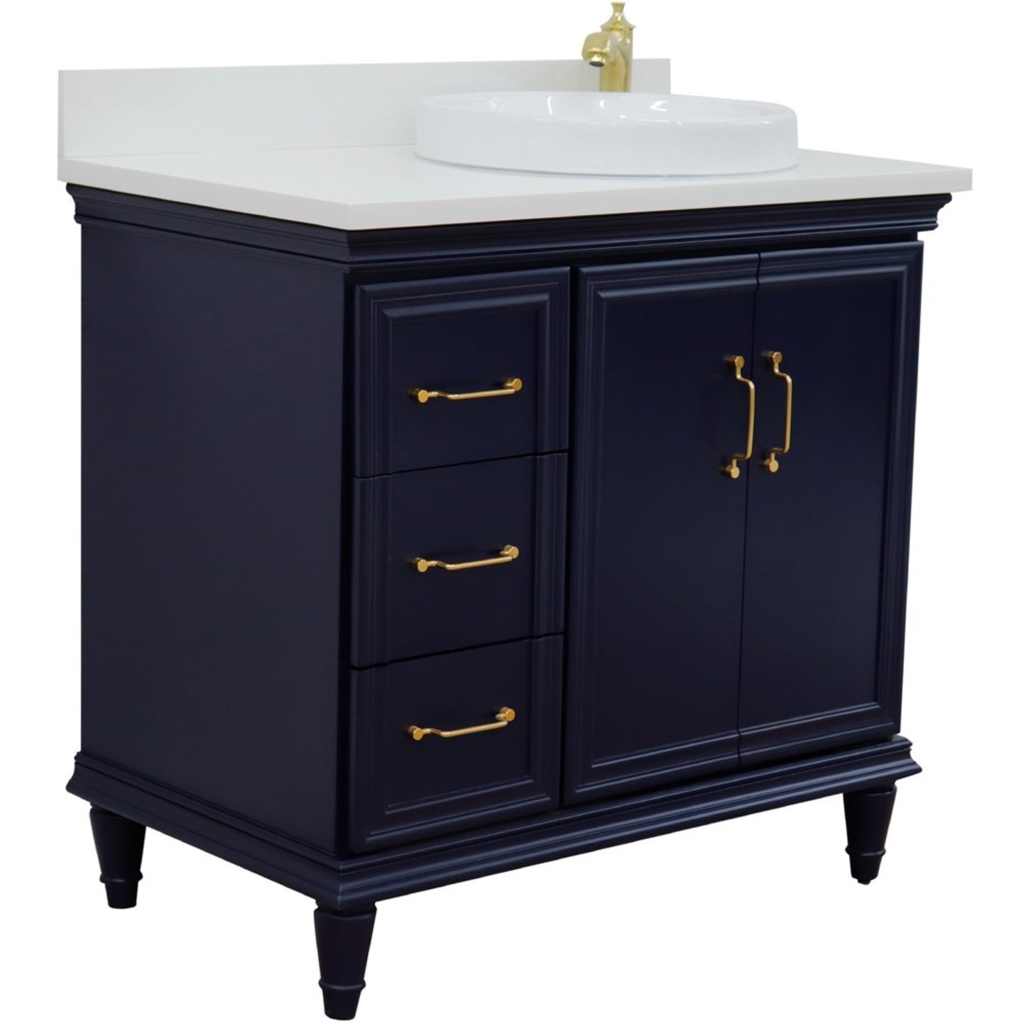37" Single vanity in Blue finish with White engineered stone and round sink Right door/Right sink