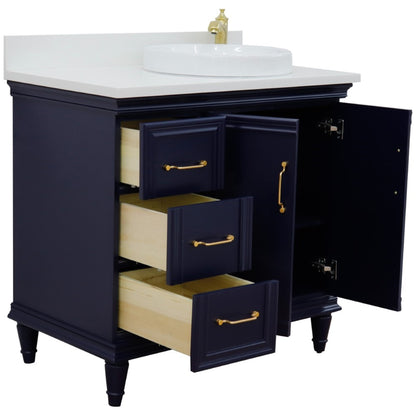 37" Single vanity in Blue finish with White engineered stone and round sink Right door/Right sink