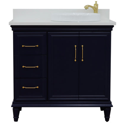 37" Single vanity in Blue finish with White engineered stone and round sink Right door/Right sink