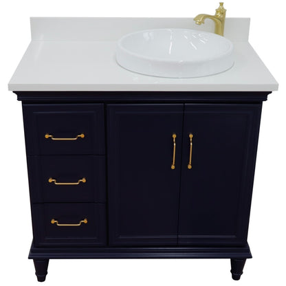 37" Single vanity in Blue finish with White engineered stone and round sink Right door/Right sink