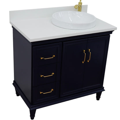 37" Single vanity in Blue finish with White engineered stone and round sink Right door/Right sink