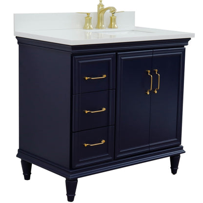 37" Single vanity in Blue finish with White engineered stone and rectangle sink Right door/Right sink