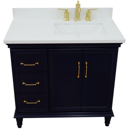 37" Single vanity in Blue finish with White engineered stone and rectangle sink Right door/Right sink