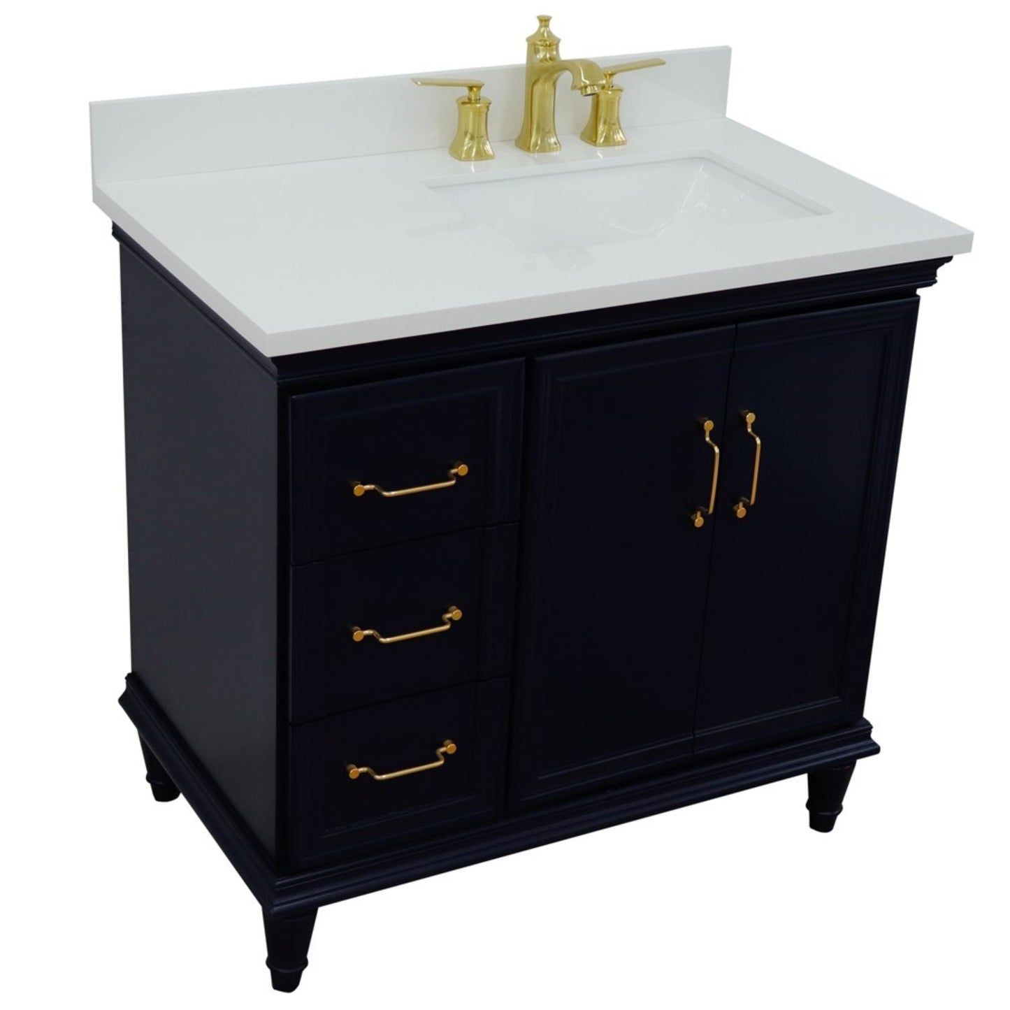 37" Single vanity in Blue finish with White engineered stone and rectangle sink Right door/Right sink