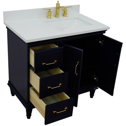 37" Single vanity in Blue finish with White engineered stone and rectangle sink Right door/Right sink
